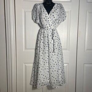 DKNY Dress Women 14 White Blue Polka Dot Faux Wrap Midi Short Sleeve Whimsical